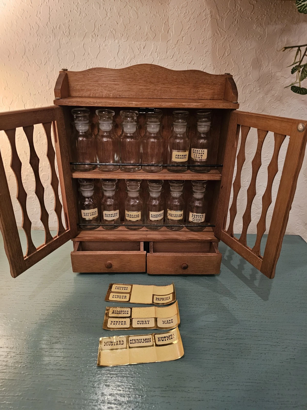 Vintage MidCentury 2 Door,2 Drawer Spice Rack W/12 Lidded Glass Bottles &...