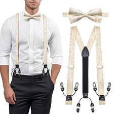 Men Suspenders 6 Clips Strength Adjustable Y Braces Pre-Tied Bow Tie Champagne