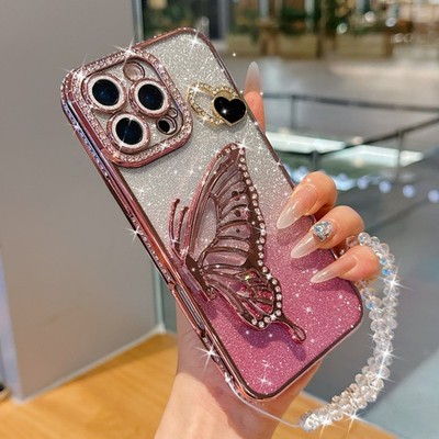 For Various Phone Diamond Quicksand Butterfly Holder Case Flash Cover +Chain Hot