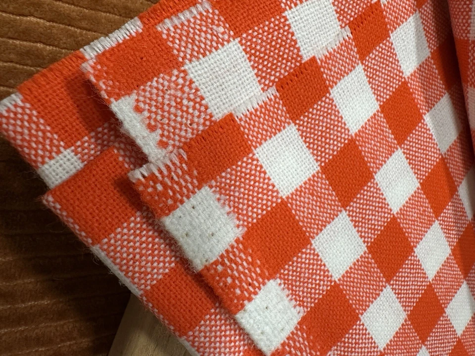 60x72” Fabric Geometric Checkered Vintage Gingham 80s Orange White Picnic - Image 4 of 4