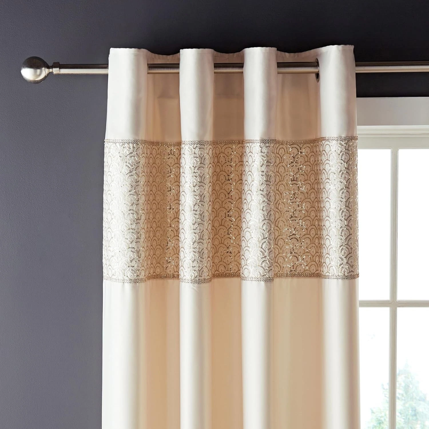 Catherine Lansfield Diamante Curtains Lined Eyelet Ring Top Champagne 66x90" New