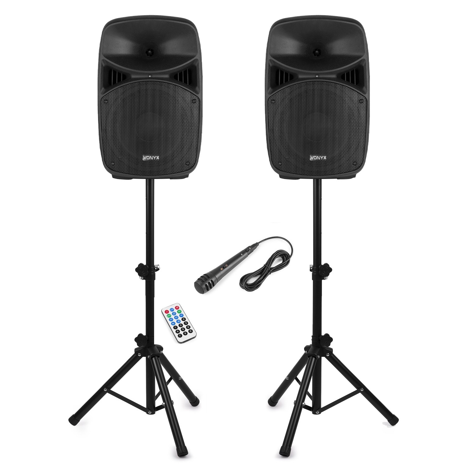 Vonyx VPS102A 600W 10"" Active PA Speakers Set with Bluetooth & Stands