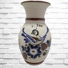 Tonala Mexican Folk Art Sandstone Pottery Vase, 8 inches Tall, Blues & Green
