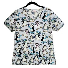 Scrubstar Top Size XS Womens Penguin Print Short Sleeve V Neck Scrub Christmas