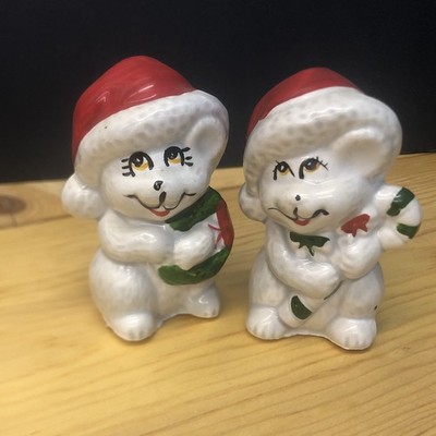 Vtg Christmas Santa Mice Candy Cane & Wreath Salt & Pepper Shakers Cute