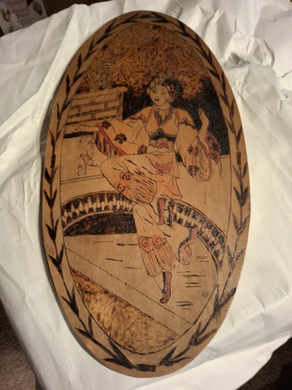 Antique Oval Pyrography  Plaque Oriental Exotic Lady Hd Ptd Orig 15" x 8"