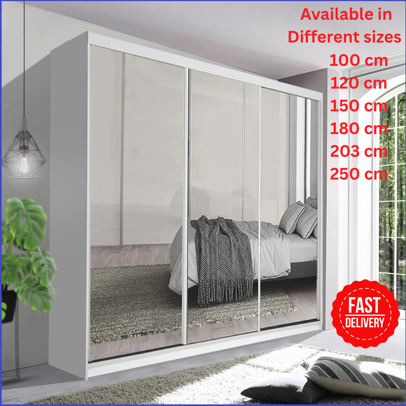 Double Mirror Sliding Door Wardrobe with LED LIGHT 90/120/150/180/203 (White, 203cm) 13 Modern Full Mirror Sliding Door Wardrobe with LED Light