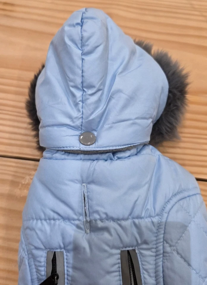 Abrigo chaqueta azul para perro mullido capucha de piel de fax - talla XS Foto 3 de 4