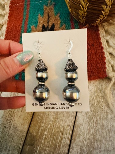 Navajo Sterling Silver Pearl Beaded Dangle Earrings - Picture 5 of 6