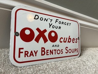 Original 1950s Enamel Sign Advertising OXO and Fray Bentos. Vintage Shop Sign.