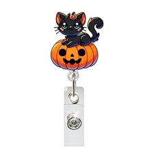 Halloween Badge Reel Cute Pumpkin with Black Cat Designs Acrylic Badge for ID...