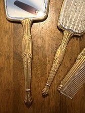 Vintage Antique Gold Toned Mirror, Comb, Brush Set Floral Design