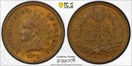 1873 1C Open 3 Indian Cent MPD FS-1302 S-6 Bronze PCGS AU58