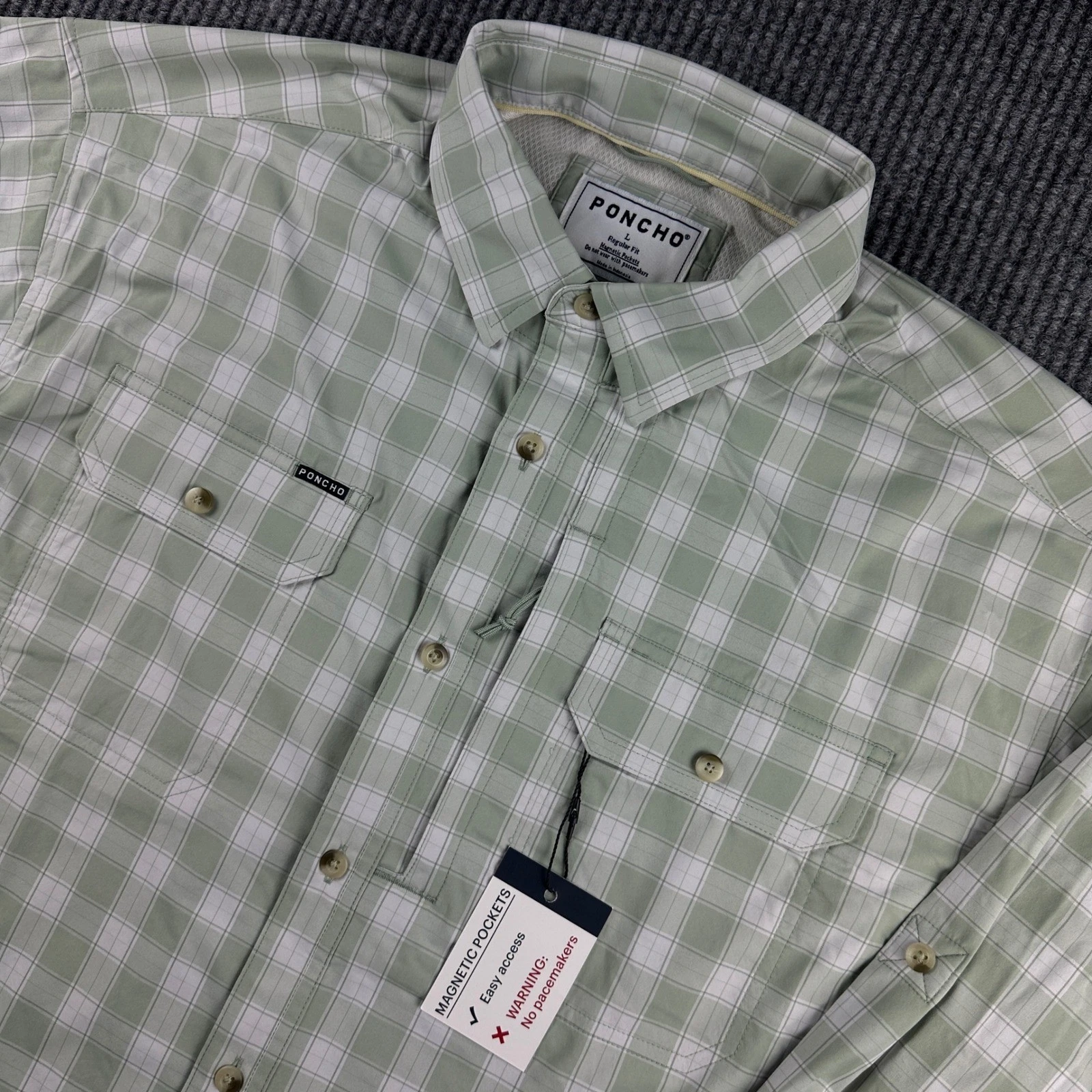 Poncho Outdoors Mens Large Green Plaid Magnetic Pocket Fishing Shirt Regular Fit
