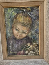 Original Impressionist Painting On Board Girl With Flowers By Ann Jenkings 1967