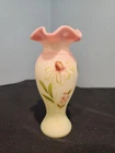 FENTON LIMTED BURMESE GLASS "FENTON STRIKES GOLD" PLEATED VASE w FLORAL DESIGN