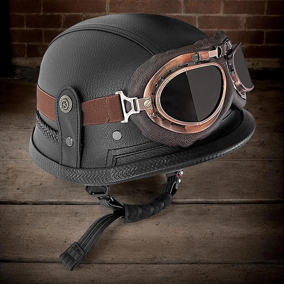 Medio casco de motocicleta de cuero estilo vintage alemán para adultos con gafas Foto 3 de 4