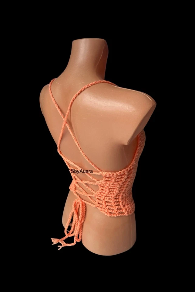 womans crochet top handmade summer open back PSbyAusra orange - Image 4 of 4