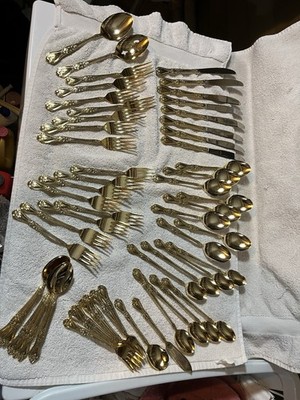59 Pc Set International Summer Rose Gold Plated Stainless Flatware Very Nice
