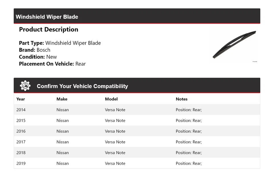 Limpiaparabrisas trasero para Nissan Versa Note Bosch 2014-2019 2015 2016 2017 Foto 2 de 4
