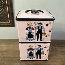 Vintage Royal Sealy Pennsylvania Dutch  Farm People Hand Painted Pink Jars W Lid