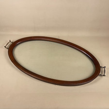 Antique Wooden Tray Oval Wood Brass Handles Edwardian Glass Top Large Marquetry