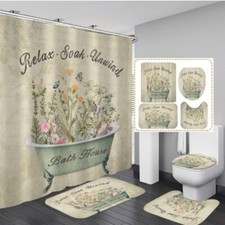 4 Pcs Farmhouse Shower Curtain Set Vintage Floral Rustic Flower Leaves Decor