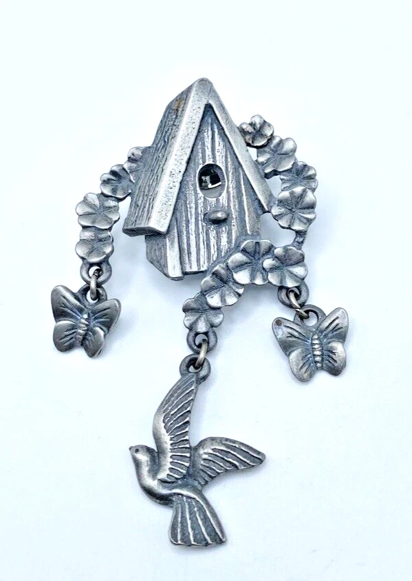 Broche prendedor vintage de peltre para casa de pájaros mariposa pájaro solapa naturaleza articulada 2,5" Foto 2 de 4