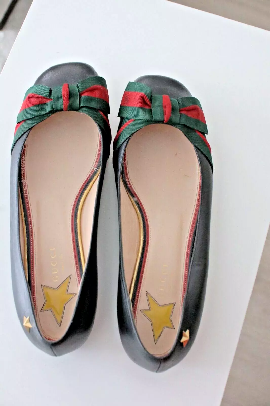 Ballerines Gucci cuir noir nœud toile taille 10