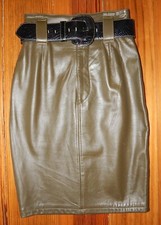 Vintage 100 Genuine Leather Olive Green High Waist Pencil Skirt with Belt