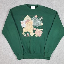 Vintage 90s Teddy Bear Size Large Cute Green Pullover Crewneck Sweatshirt 80s