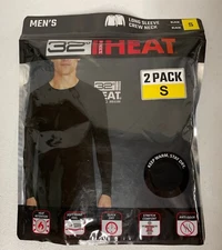 2 Pack 32 Degrees Heat Men SMALL Crew Neck BLACK T-Shirt Long Sleeve Performance