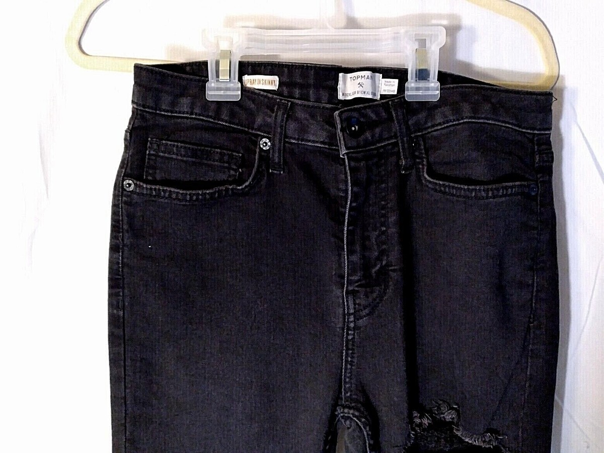 TOPMAN Spray-On Skinny, Distressed Black Jeans, Size W32x XL (33