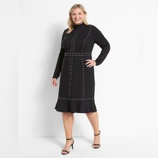 Lane Bryant Size 18 Black Silver Studded Mock Neck Ponte Knit Fit  Flare Dress