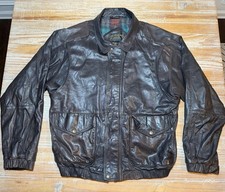 Vintage Eddie Bauer Goose Down Leather Aviation Jacket Brown Sz L Plaid Lining