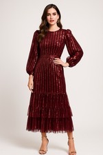 New MAC DUGGAL Size 8 Burgundy 23003 LONG SLEEVE RUFFLE Tier SEQUIN Midi DRESS