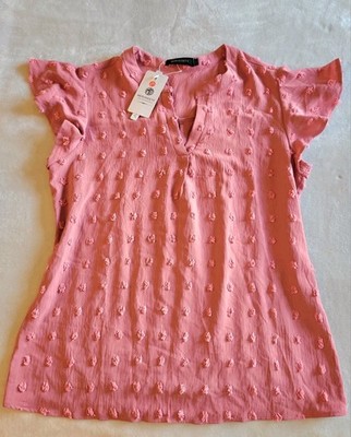 NWT Merokeety Women Large Pink Swiss Sot Ruffle Sleeve V Neck Blouse