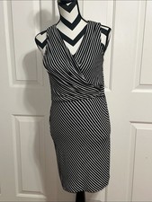 Bailey 44 Sleeveless Black and White Striped Faux Wrap Sheath Dress