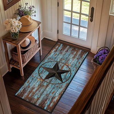 Western Runner Rug 2x5,Rustic Barn Texas Star on Old Wooden Plank,Ultra-Thin 