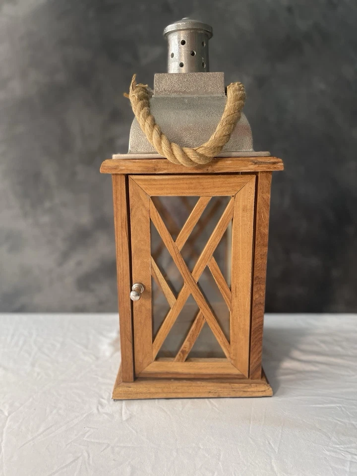 Rustic Farmhouse Wood & Metal Lantern with Rope Handle | 20” Tall Candle Holder - Image 2 of 4