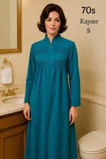 Vintage 1970s Kayser Robe Teal Blue S Zip Front Smocked Yoke Long Sleeve
