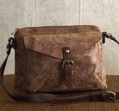 Patricia Nash Avellino Brown Napa Etched Floral Lther Shoulder Crossbody HandBag