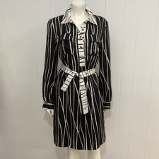 Tory Burch Dress Womens 10 Black White Silk Striped Signature Button Front Belt