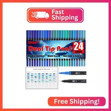 ZZWUAPT Blue Double Tip Brush Pens Art Markers,24 Colored Artist Fine Brush Pen
