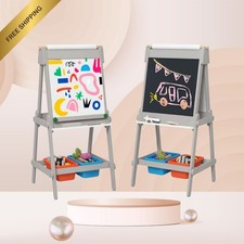 Kids Art Easel, Double-Sided Whiteboard  Chalkboard w/ Paper Roll, Gray
