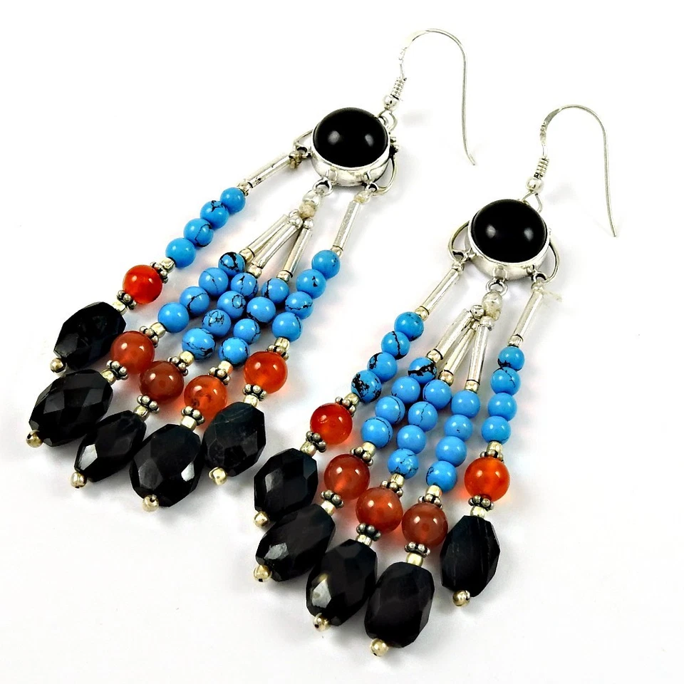 925 Silver Onyx Carnelian Handcrafted Artisan Dangle Christmas Gift Earrings - Image 3 of 4