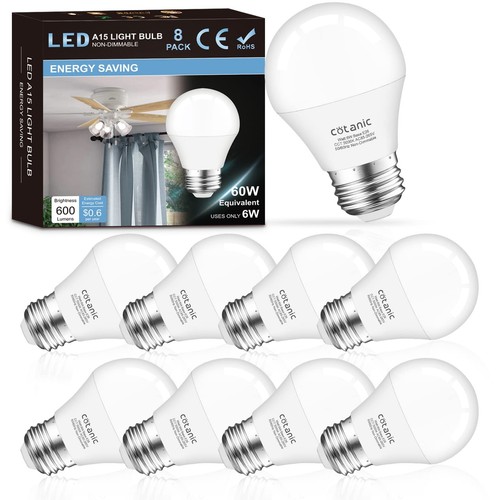 8 Pack Ceiling Fan Light Bulb 5000K Daylight, E26 Base A15 LED Bulb 60W Equiv...