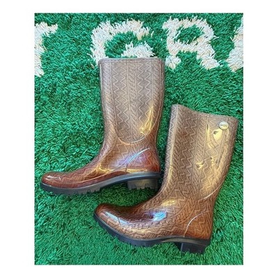 UGG Rain Boots Womens 11 Brown Good Cable Knit Print Waterproof Glossy Lug Sole