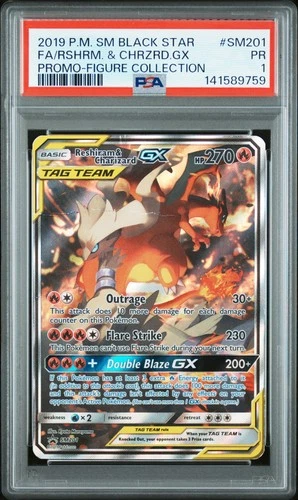 2019 POKEMON SM BLACK STAR PROMO #SM201 FULL ART/RESHIRAM & CHARIZARD GX PSA 1