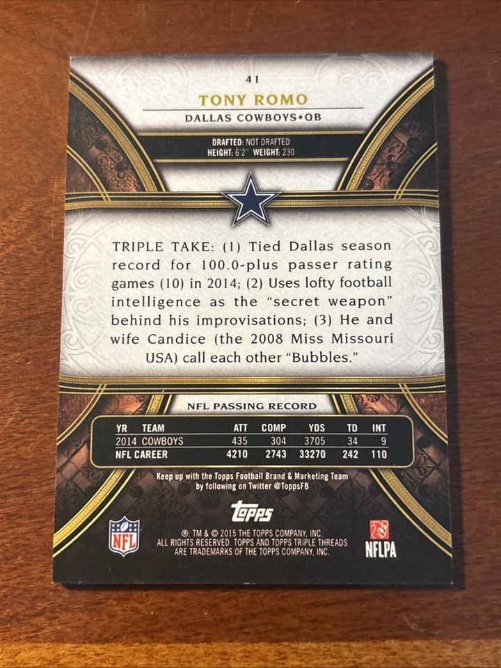 2015 Topps Triple Threads Tony Romo Ruby 27/50 - Image 2 of 2